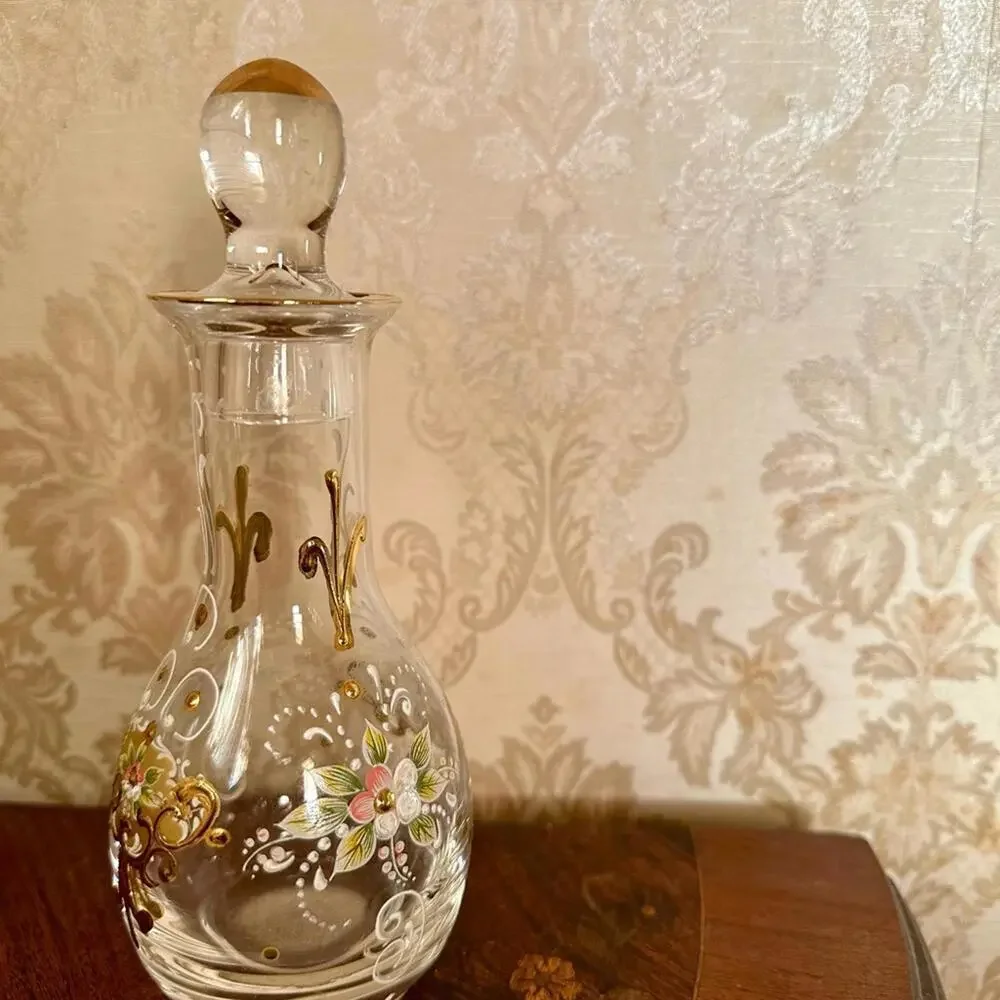Vintage & Delicate Hand-Painted Romanian Glass Decanter from early 1900s